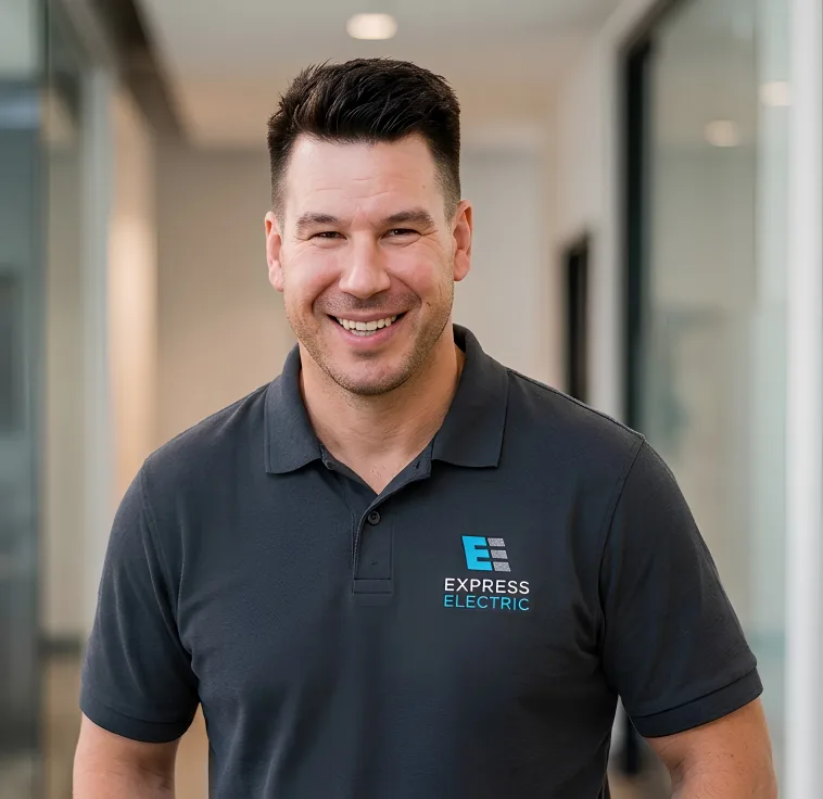 About us: A smiling man in a gray polo shirt stands confidently in a modern office