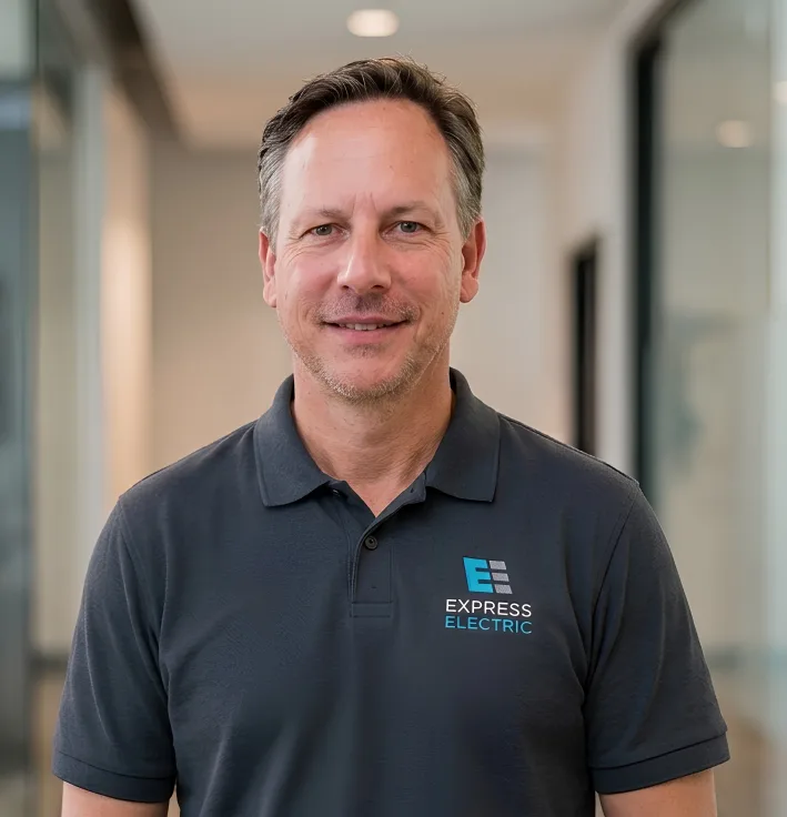 About us section featuring a smiling man in a grey polo at a modern office