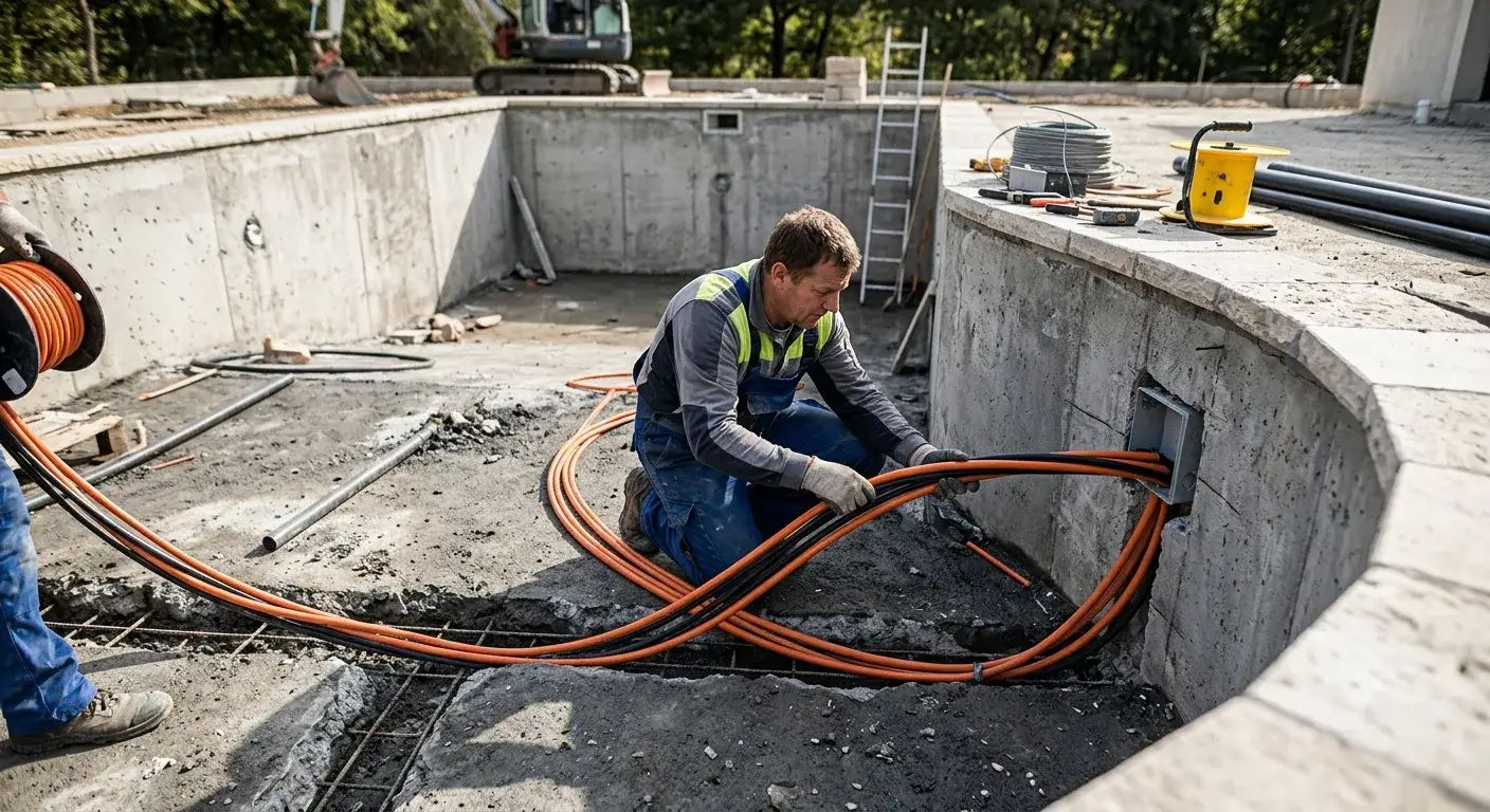 A worker is installing large cables in a concrete pool construction site