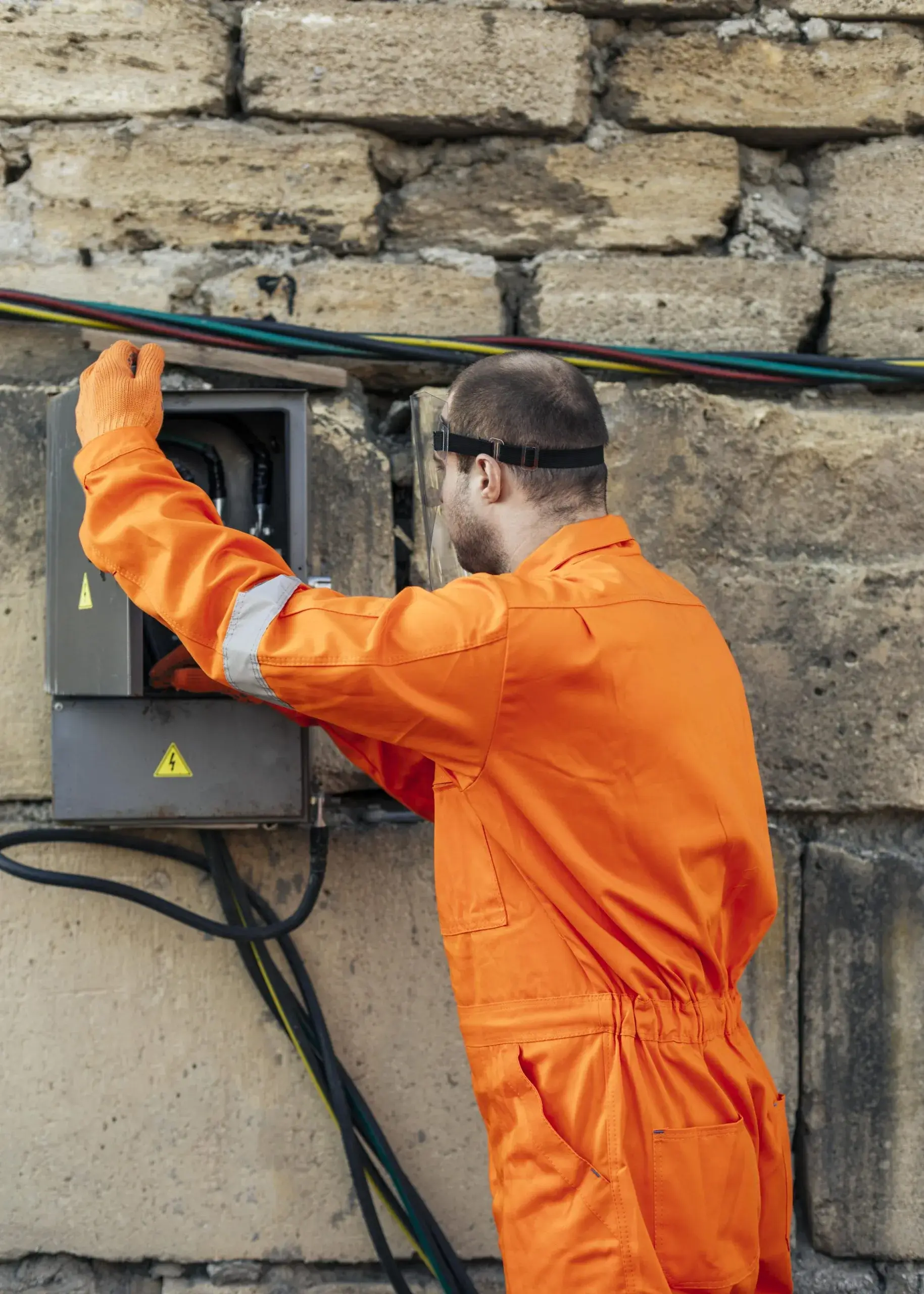 A worker in an orange jumpsuit operates an electrical panel on a stone wall